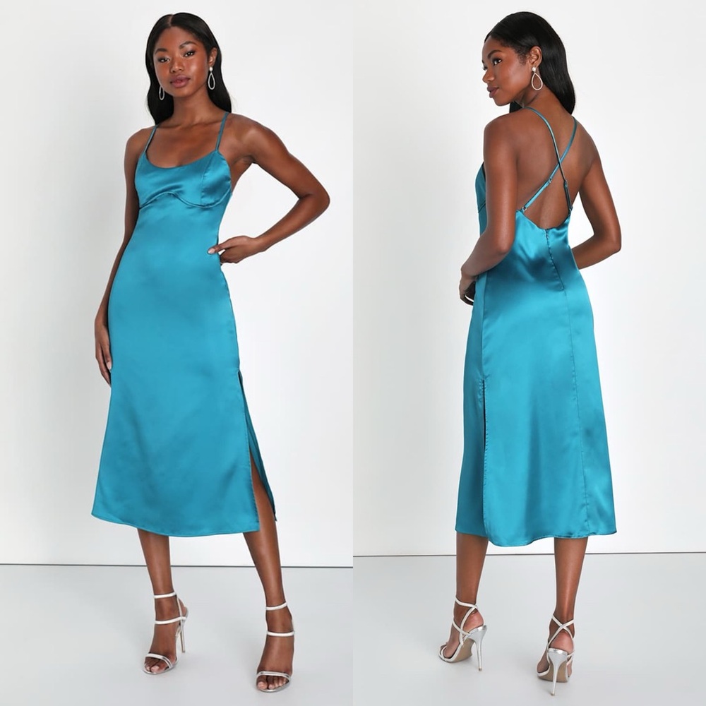 Lulus | Luxe Date Teal Blue Satin Seamed Backless Midi Dress